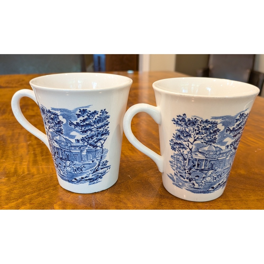 Vintage Staffordshire Liberty Blue Monticello Ceramic Mug Set. 1970's